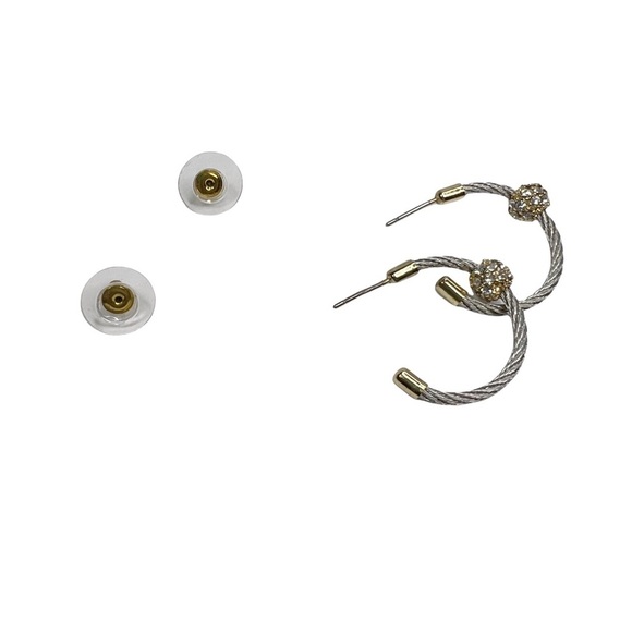 Silver & Gold Tone Twisted Cable Rhinestone Ball Pierced Hoops Earrings - Picture 8 of 8